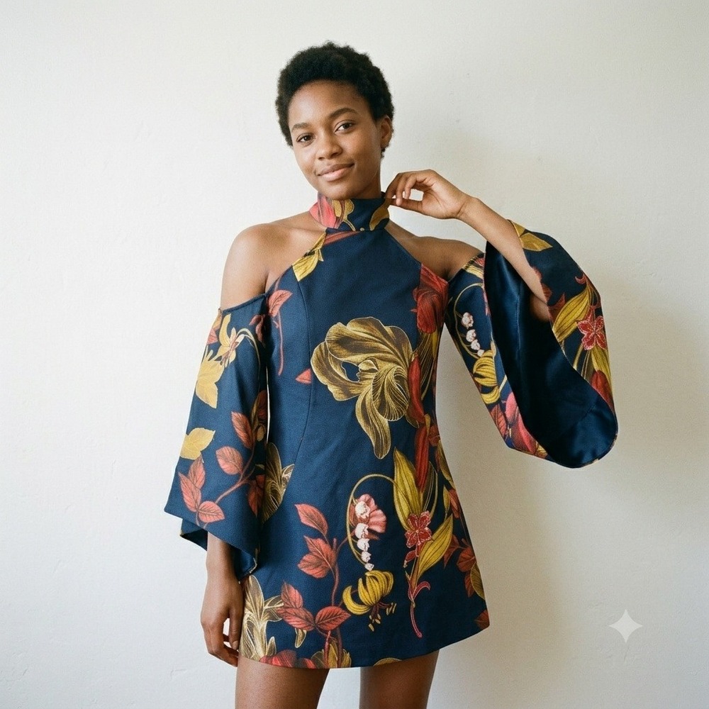 C/MEO COLLECTIVE Womens Dress Small Navy Blue Floral Cold Shoulder Bell Sleeve